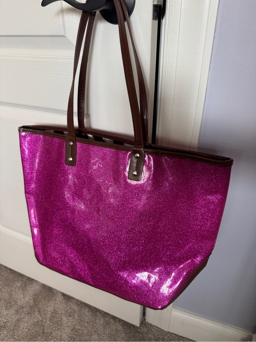 Braciano Hot Pink Glitter Tote with Brown Handles